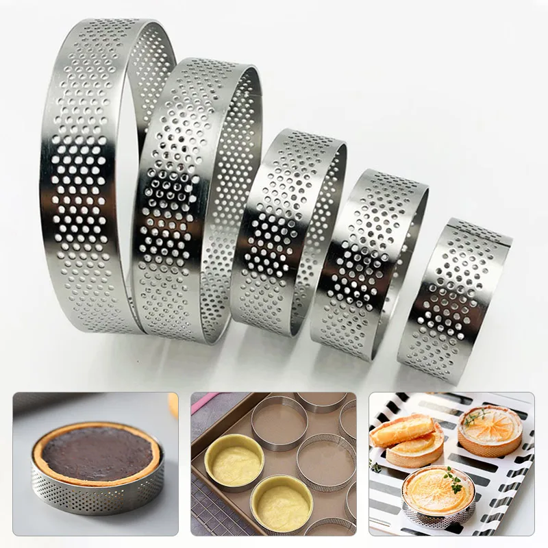 

5-10cm Stainless Steel Tartlet Cake Mould Circle Cutter Pie Ring Heat-resistant Perforated Cake Mousse Mold Baking Tools