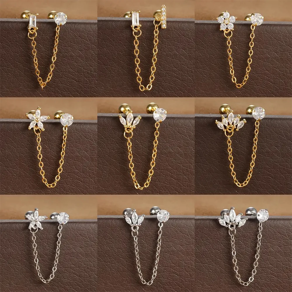 1PC Stainless Steel Double Hole Link Chain Square Ear Stud Earrings for Women Gold Color Flower Cartilage Piercing Jewelry