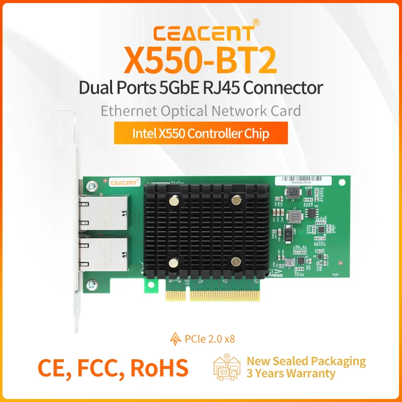 

X550-BT2 Intel X550BT2 Chipset 10Gb/s 2-Port RJ45 Network Card PCIe 2.1 x8 Support 10G, 5G, 2.5G, 1G Speed