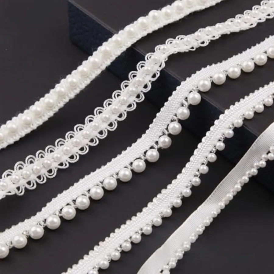 

5 Yards Pearls Lace Ribbon Trim, White Beaded Fringe Trim Applique, for Sewing Clothing, Curtains, Wedding Decoration, Bridal D