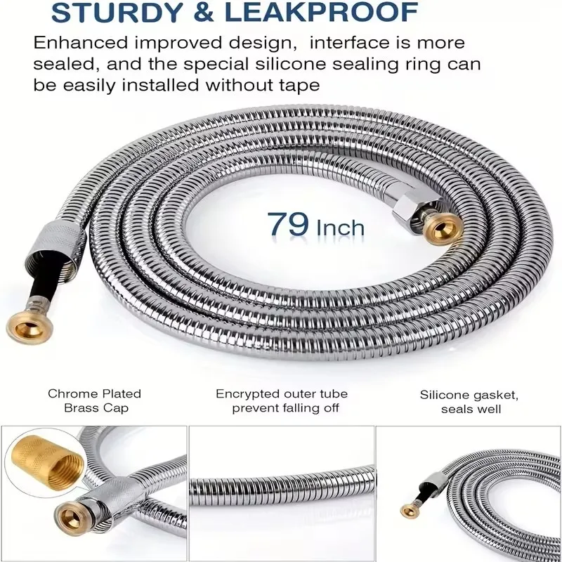78.7 Inch (200cm) Extra Long Shower Hose, 304 Stainless Steel Chrome Plated Handheld Shower Head Hose, Leak‑Proof Braided Mesh Shower Hose with Shower Head Holder for Bathroom