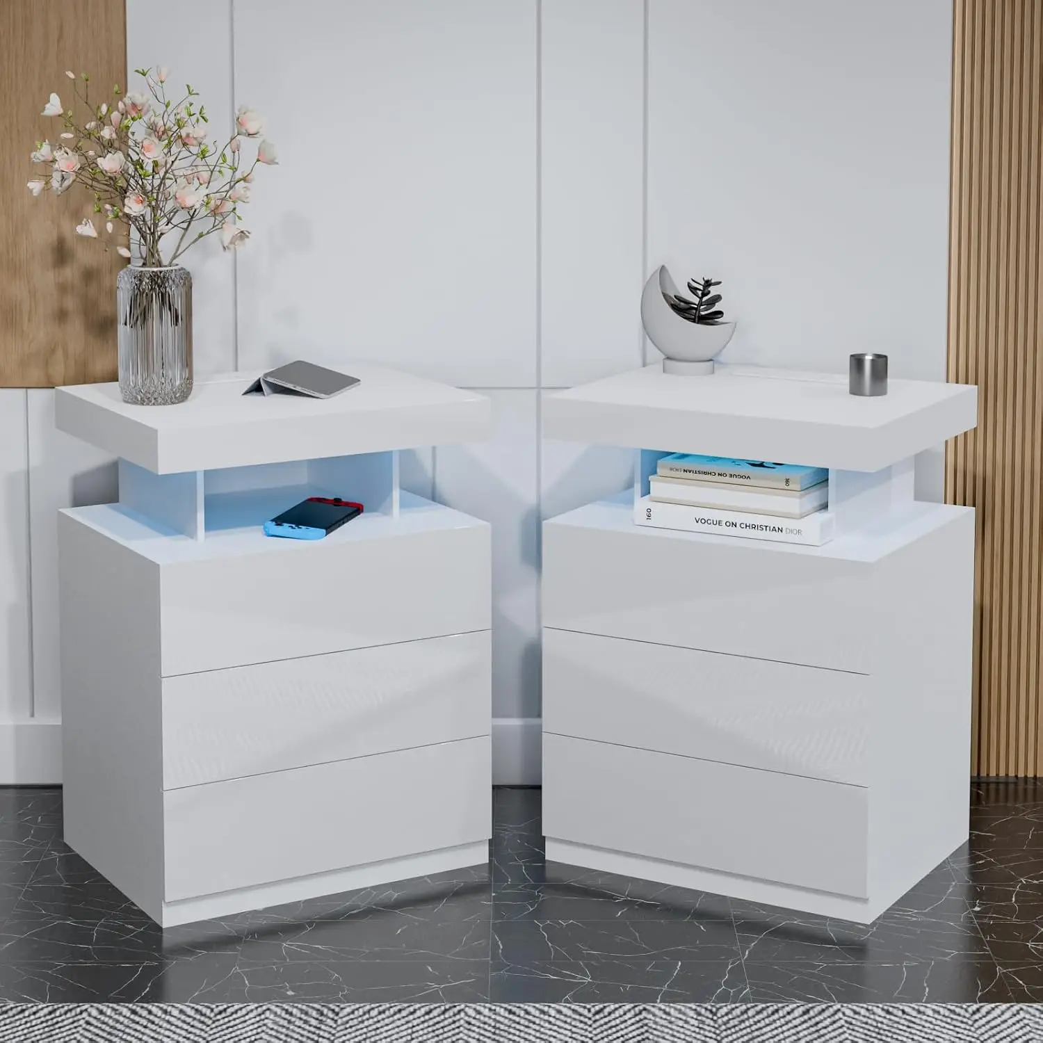 White Nightstand Wireless Charging 3 Drawers High Gloss Bedside Table USB Type C LED Lights Bedroom Organizer, Customized