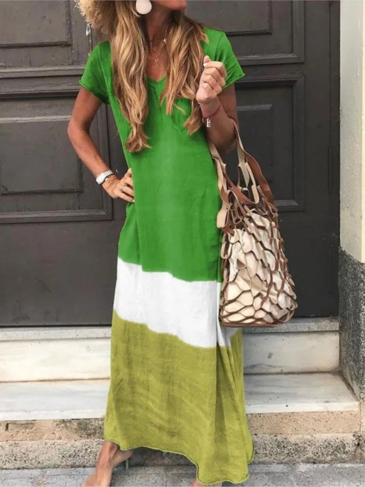 

Spring Summer Patchwork Women's Long Dress Casual Short Sleeve V-neck Dresses Female Fashion Trendy Loose Beach Clothes Ladies