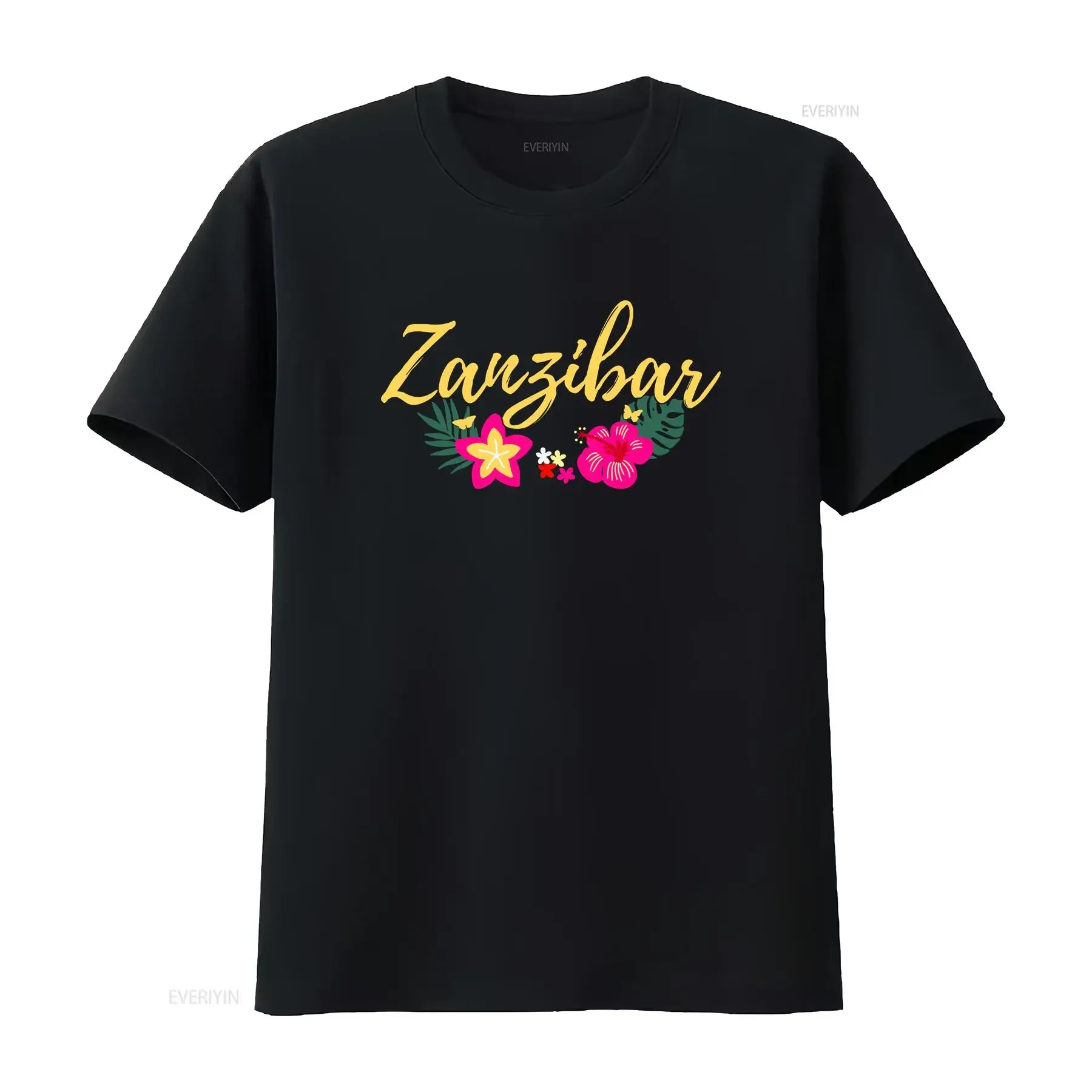 Camiseta vintage con estampado de flores tropicales de Zanzíbar, Tanzania, África, estilo playero, ropa de diseñador con efecto lavado, transpirable y a la moda.