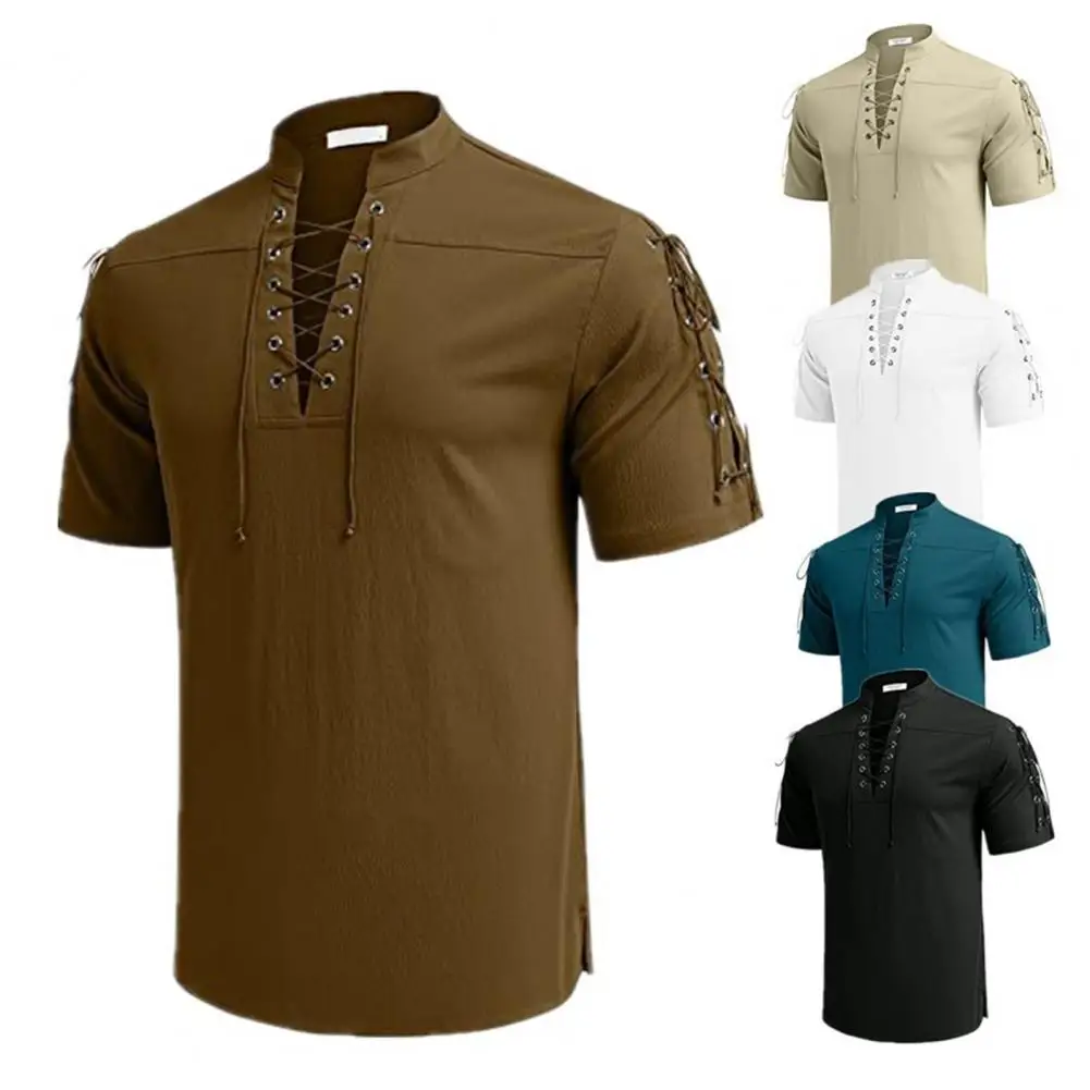 Men Shirt Men Summer Shirt Stylish Men's Lace Up Stand Collar Summer Shirt Breathable Solid Color Short Sleeves for Casual