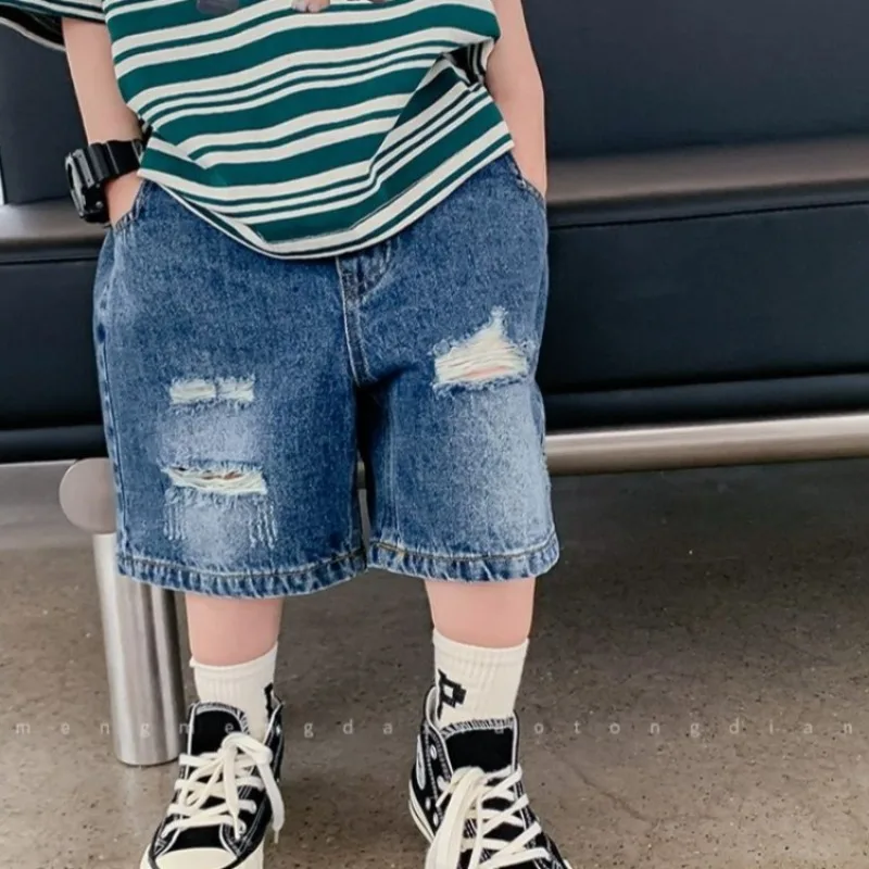 2026 New Boys' Summer Denim Shorts Kids' Ripped Distressed Casual Shorts Stylish Trendy Baby Boys' Summer Pants