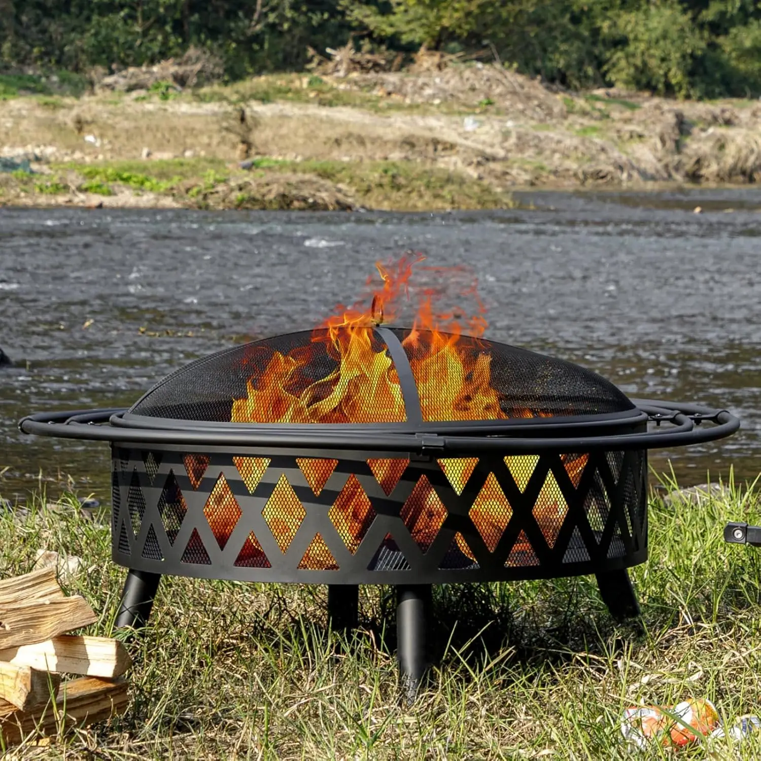 42 Inch Wood Burning Fire Pit with Spark Screen & Fire Poker