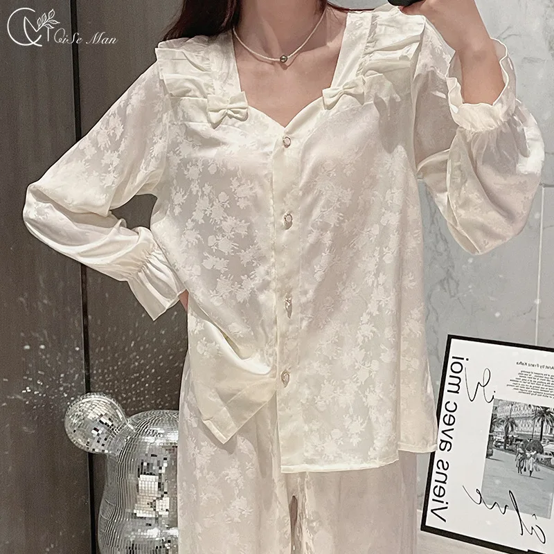 

Spring Autumn Women 2PCS Pajamas Set Long Sleeve Shirt Trouser Lapel Sleepwear PJS Suit Satin Home Wear Pijamas Lingerie