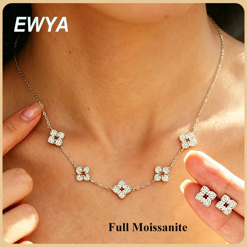 EWYA Clover Shape Full 1mm Moissanite Chain Necklace for Women s925 Silver Dainty All Fine Lab Diamond Pendant Earrings Set Gift