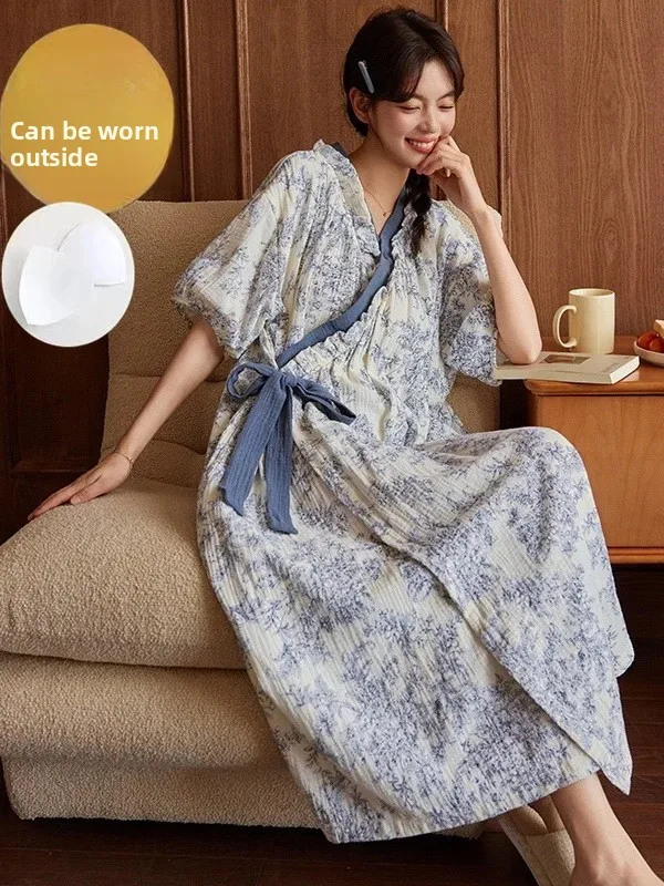 Cloud Cotton Summer Short Sleeve Long Dress Sleepwear Women's Thin Home Clothes V-neck Print Floral Home Clothes Sleepy