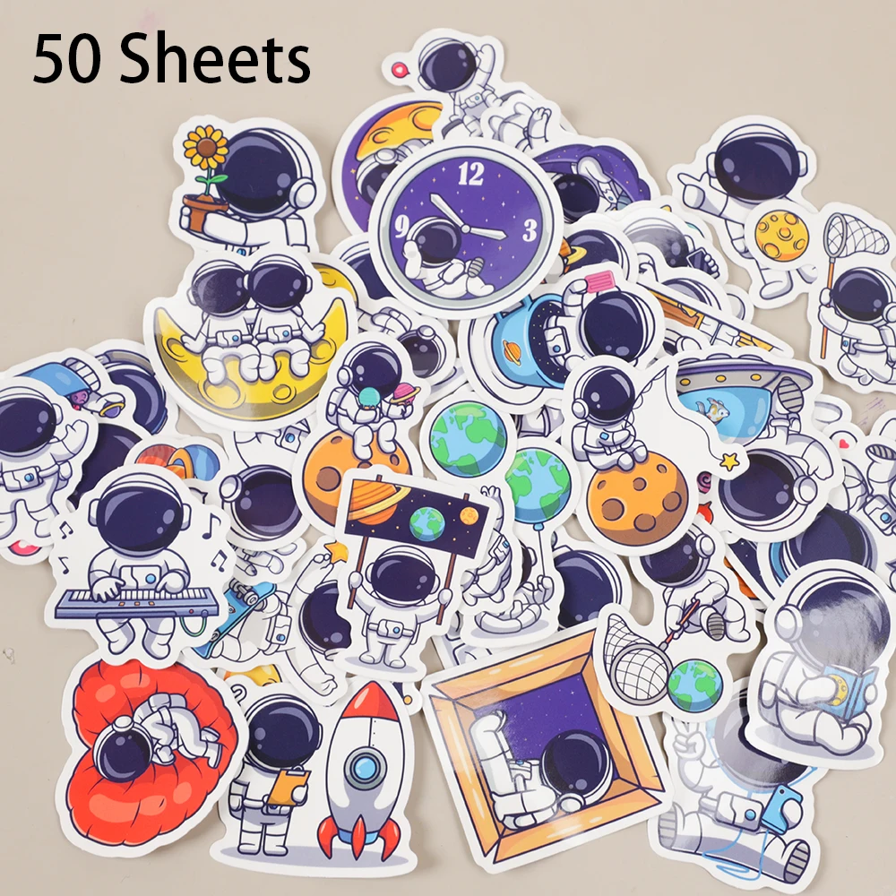 50 Sheets Cute Outer Space Theme Astronaut Graffiti Stickers Luggage Sticker Toys for Kids Birthday Party Favors School Rewards