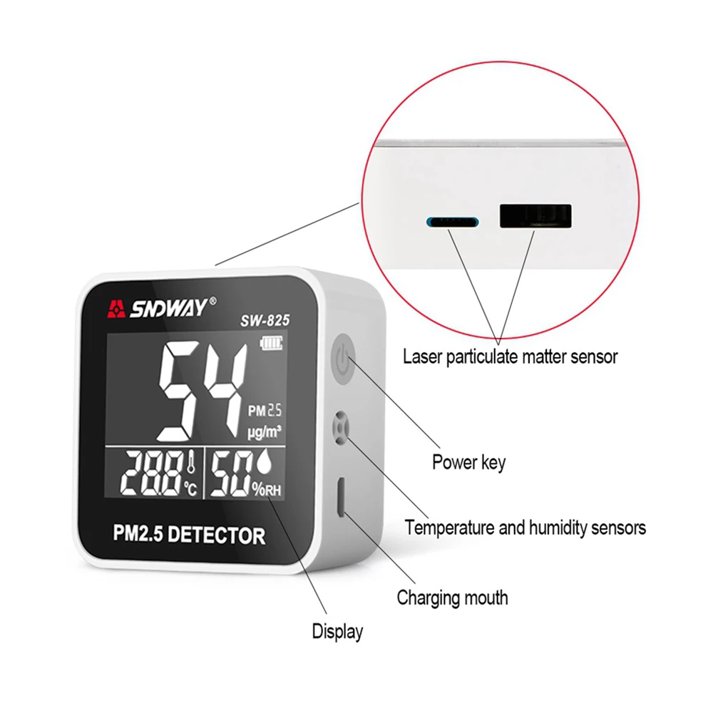 SNDWAY Digital PM2.5 Detector 0-500ug/m³ Mini Portable Temperature Humidity Meter Laser Sensor Air Quality Monitor SW-825