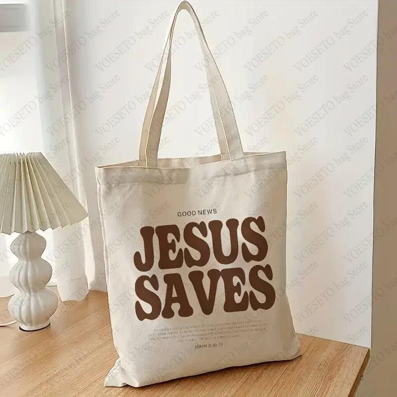 Cood News Jesus Saves Pattern Canvas Shoulder Tote Bags Casual Shopping Tote Christ Religion Christian Faith Shopper HandBag