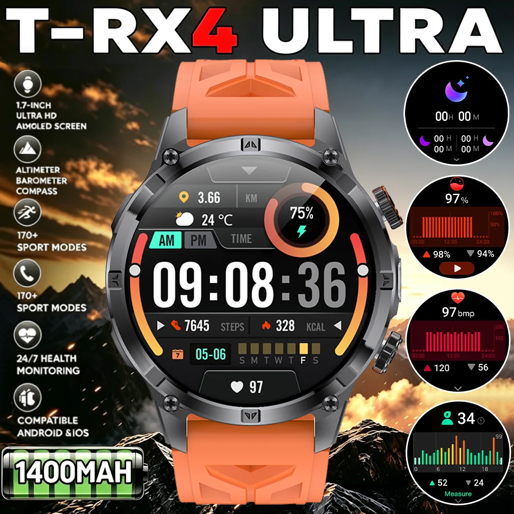 2026 New Outdoors Military 1400mAh Battery Smart Watch Men IP69K Waterproof LED Flashlight Heart Rate Sports Tracker Smartwatchs