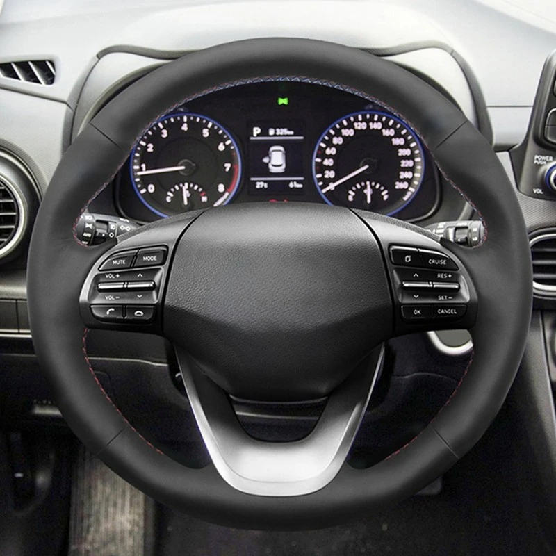 DIY Hand-stitched Black Artificial Leather Car Steering Wheel Cover for Hyundai Kona 2017 2018 2019