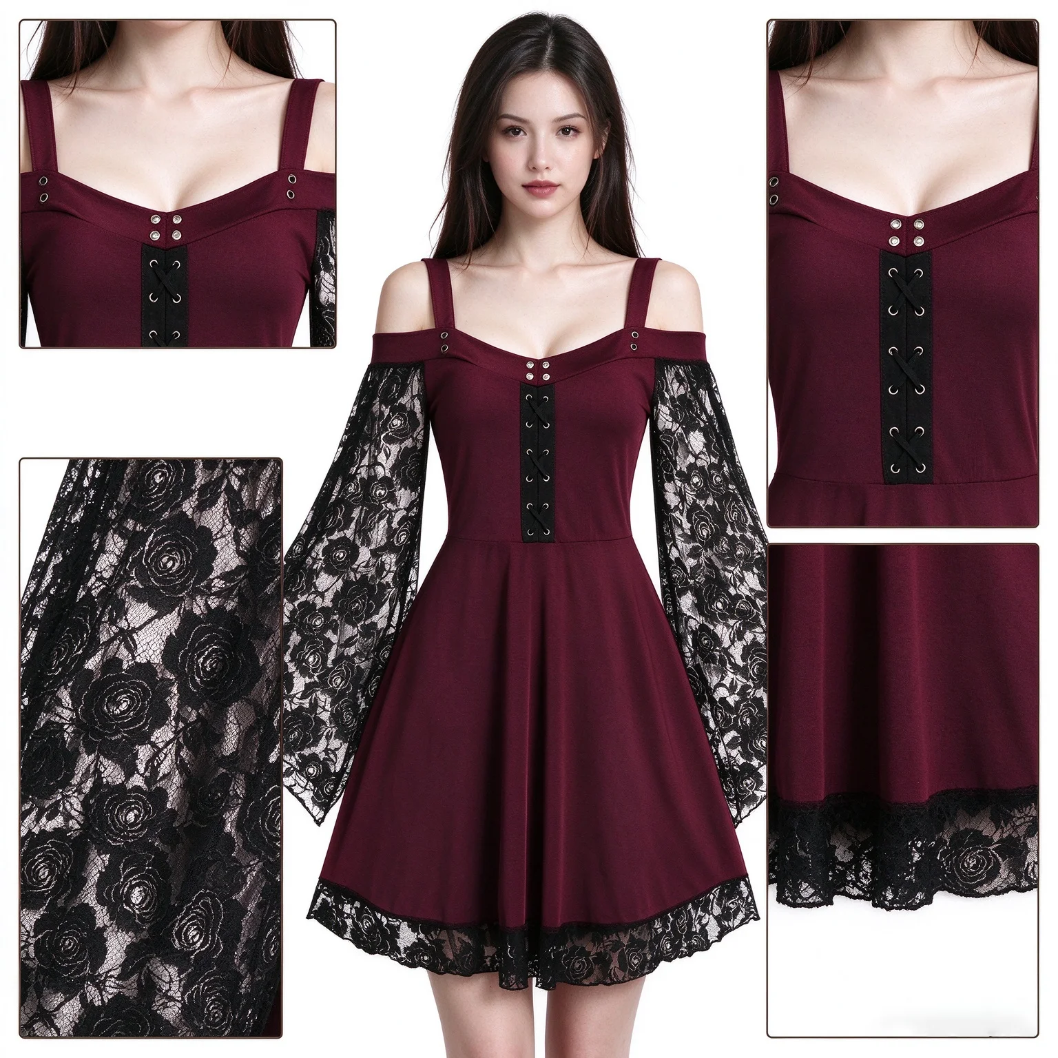 One shoulder flared sleeve lace patchwork artistic retro dress for women's casual dress view 6