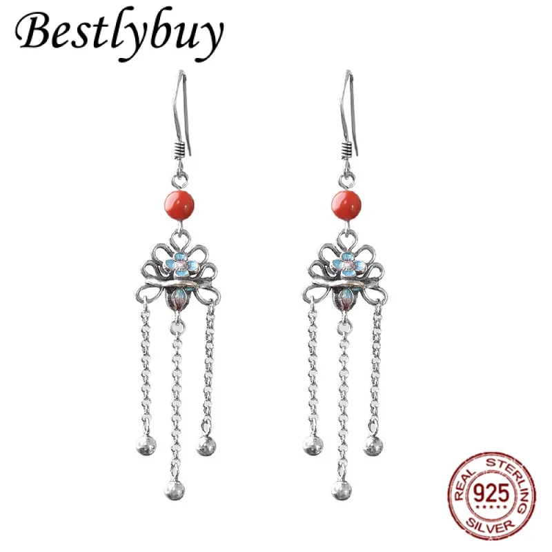 

new S925 Silver Burnt Blue Southern Red Flow Su Long Earrings Fashion Retro Women's Ethnic Style Lotus Earrings