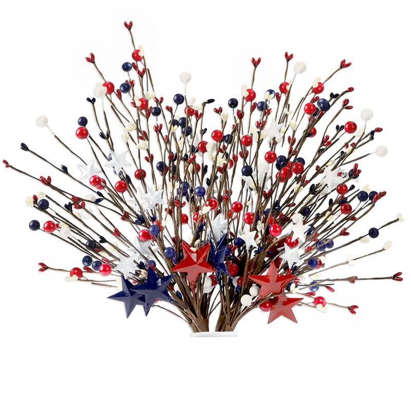 6PCS 16Inch Artificial Berry Stem Picks Patriotic Pip Berry For 4Th Of July Independence Day Memorial Day Decoration