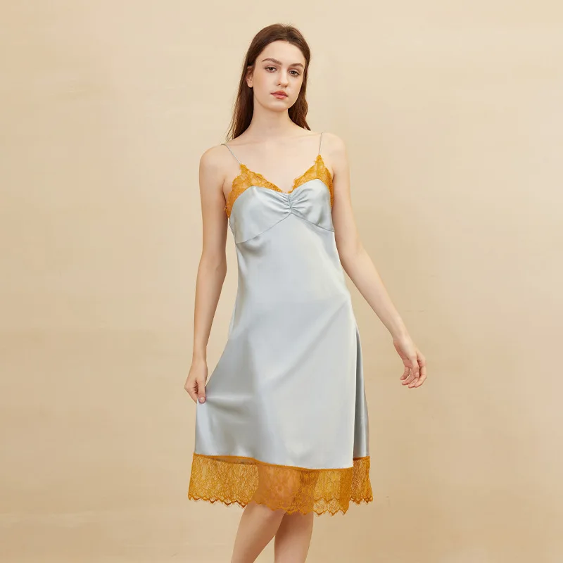 Women's French Elegant Mulberry Silk Camisole Dress with Lace Trim - Versatile Loungewear & Layering Nightgown, Adjustable Strap