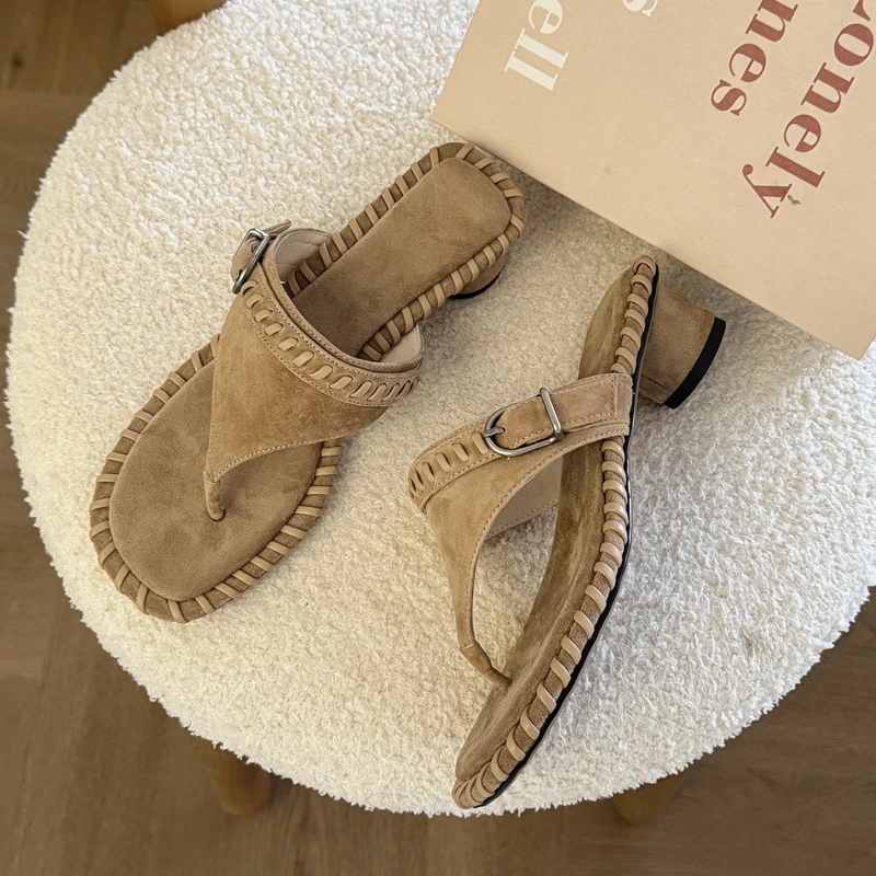 2026 Women's Summer Outdoor Wear Leather Version Woven Thick Heel Sandals Slip-On Toe-Post Clogs Anti-Slip Memory Foam Insole