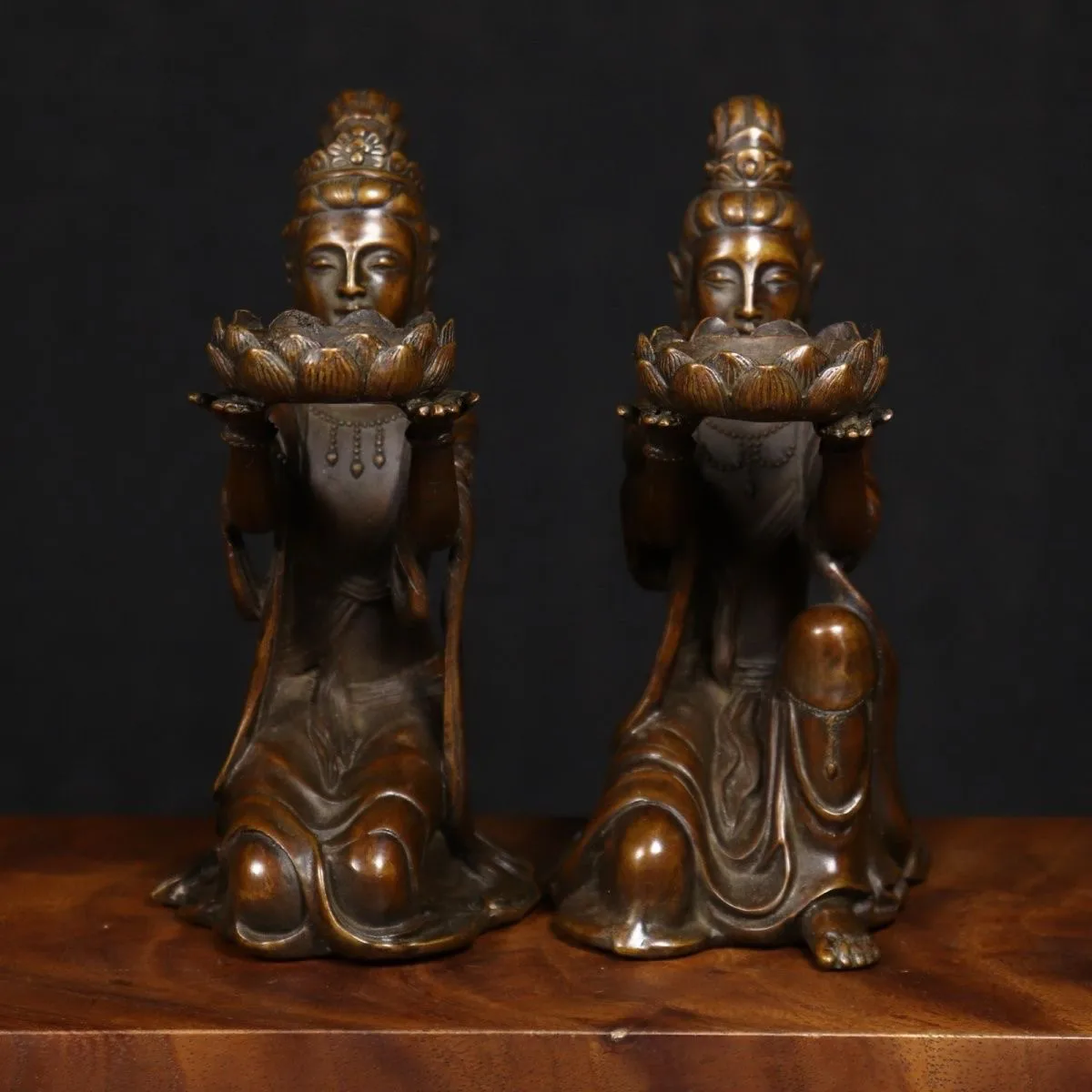 Tibetan Brass Copper Lady Candle Holders Pair Handmade Buddhist Study Decor