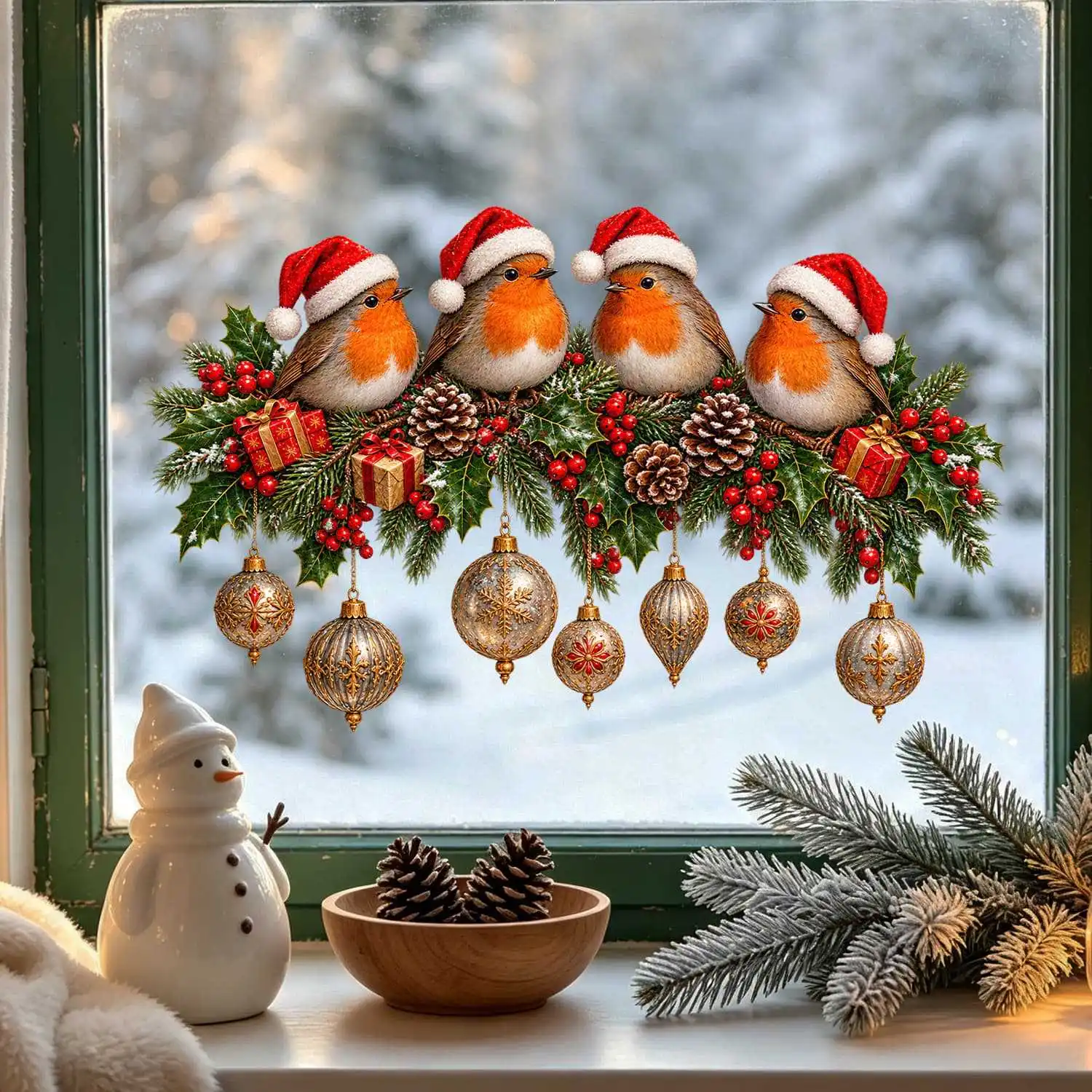Christmas Birds in Santa Hats and Red Berry Branches Window Sticker Self-adhesive Wall Stickers Door Glass Vinyl Decal