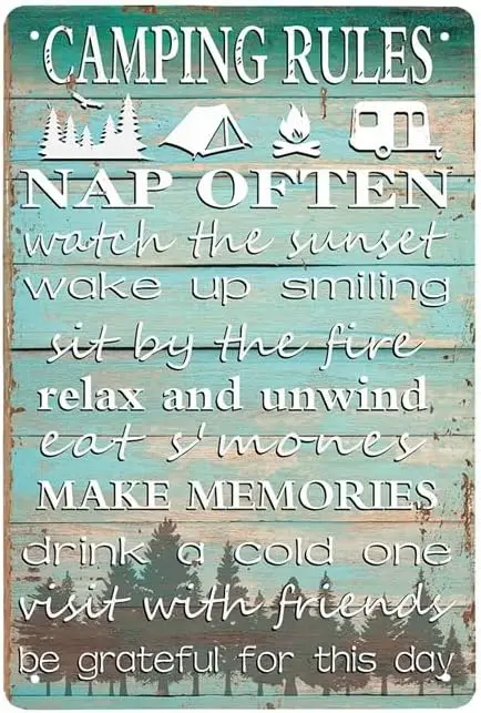 Vintage Camping Rules Tin Sign -  Decorative for Indoor/Outdoor Use, Perfect Campsite, RV, Cabin, and Decor