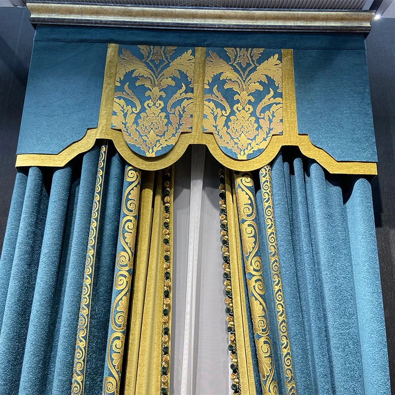 American Style Antique Blue Chenille Jacquard Thickened Splicing Curtains for Living Room Bedroom Villa Customized Products