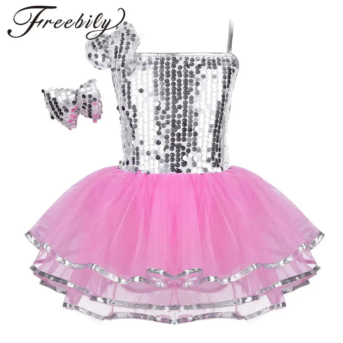 Kids Girls Shiny Sequins Bowknot Dance Tutu Dress for Ballet Modern Jazz Hip-hop Stage Performance Sparkle Dance Costumes