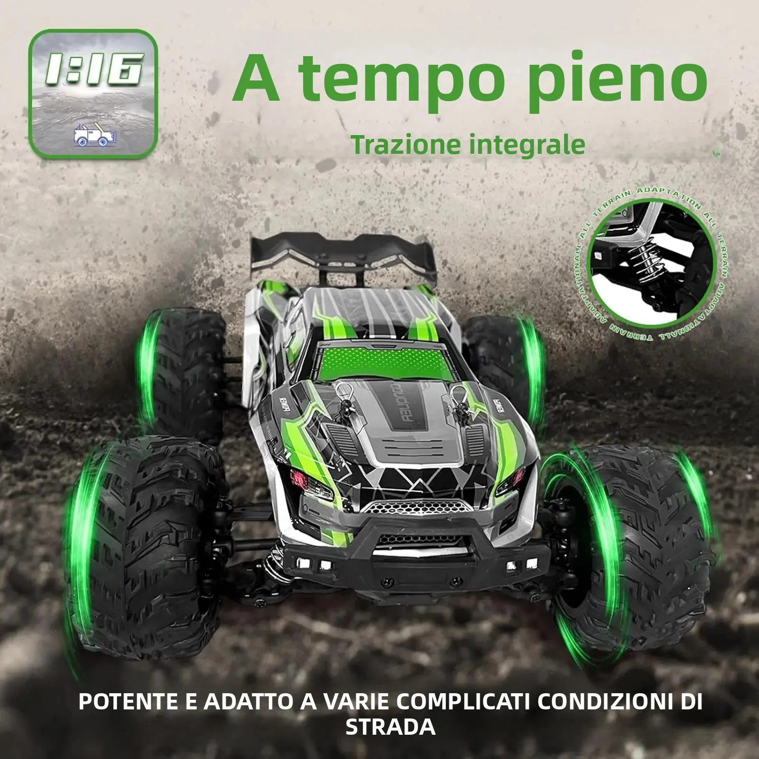 "1:16 4WD RC Car (50 km/h): luci a LED, deriva fuoristrada ad alta velocità. Per ragazzi e fan fuoristrada. Giocattolo Monster Truck – Natale e nuovo