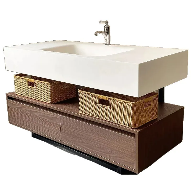 Double draw in the ancient hotel style walnut integrated basin bathroom cabinet combination, washstand hand washbasin