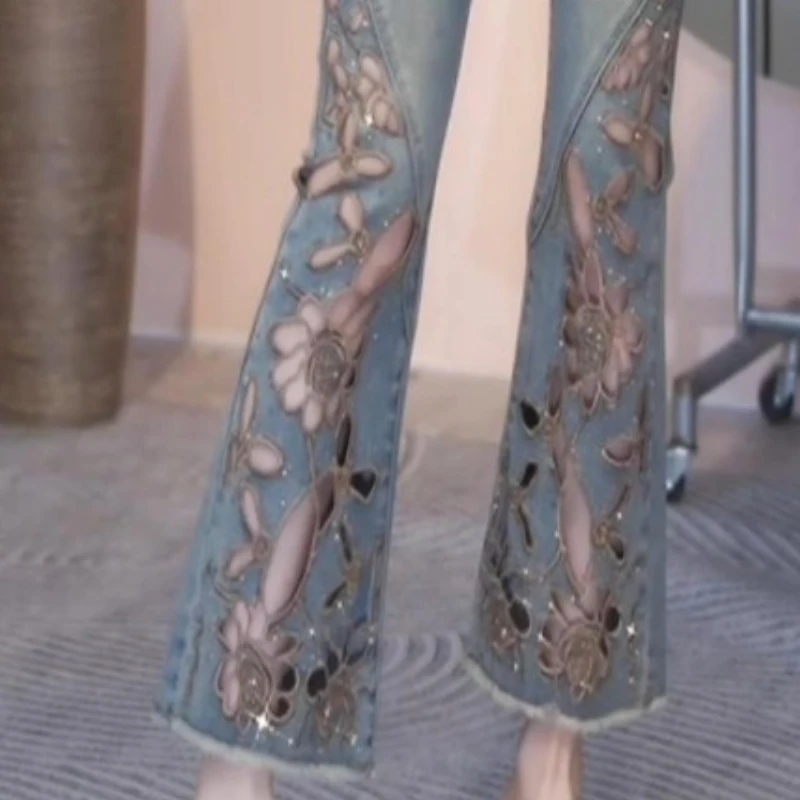 Women New Comfortable Design Sense Solid Color High Waist Draped Straight Thin Trousers Summer Skeleton Embroidery Denim Slim