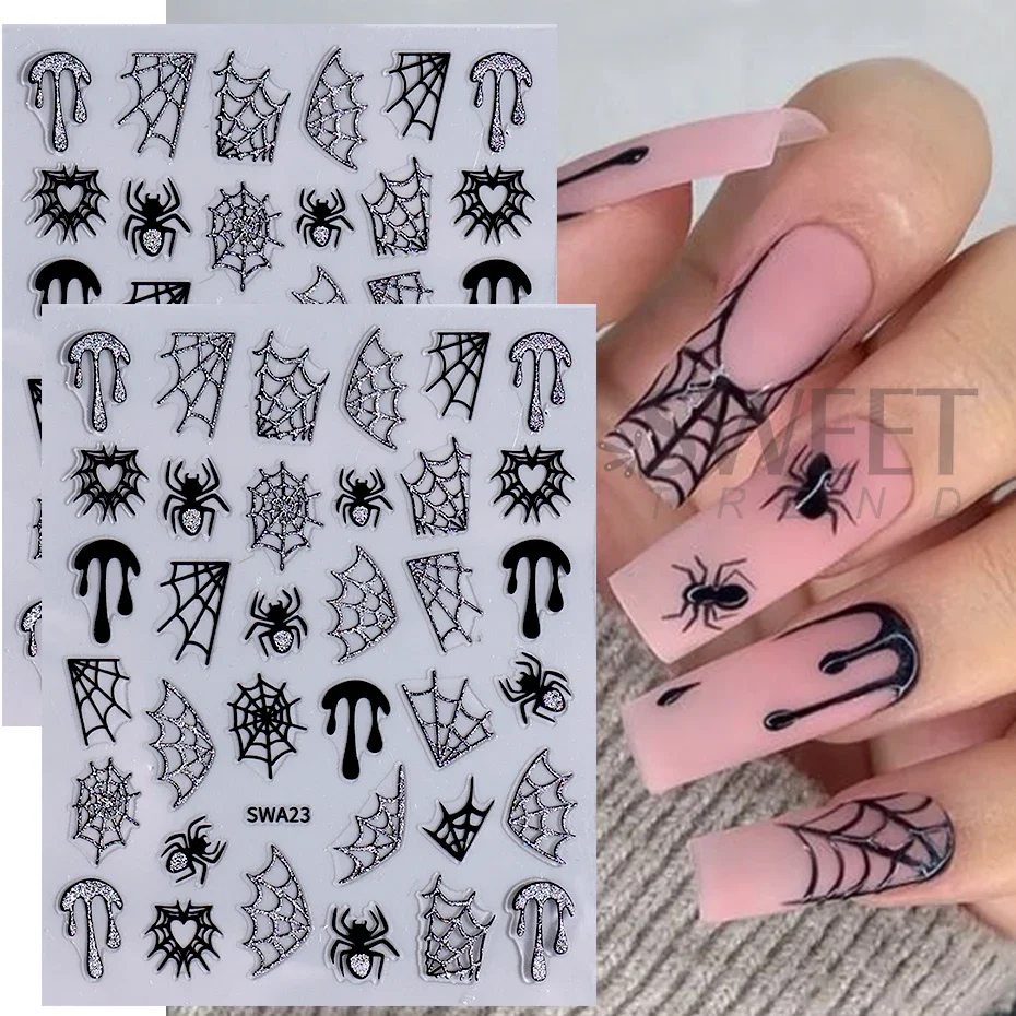 

3D Glitter Spider Web Nail Sticker Sparkly Halloween Adhesive Decals bat Pumpkin Adhesive Sliders Decals DIY Manicure Supplies