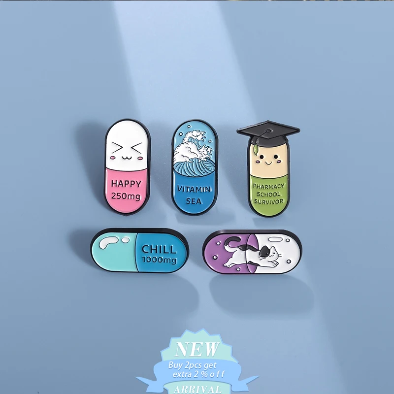 Happy Chill Capsule Pill Enamel Pin Mental Health Vitamin Antidepressant Capsules Brooch Badge Jewelry For Medical Pharmacist ﻿