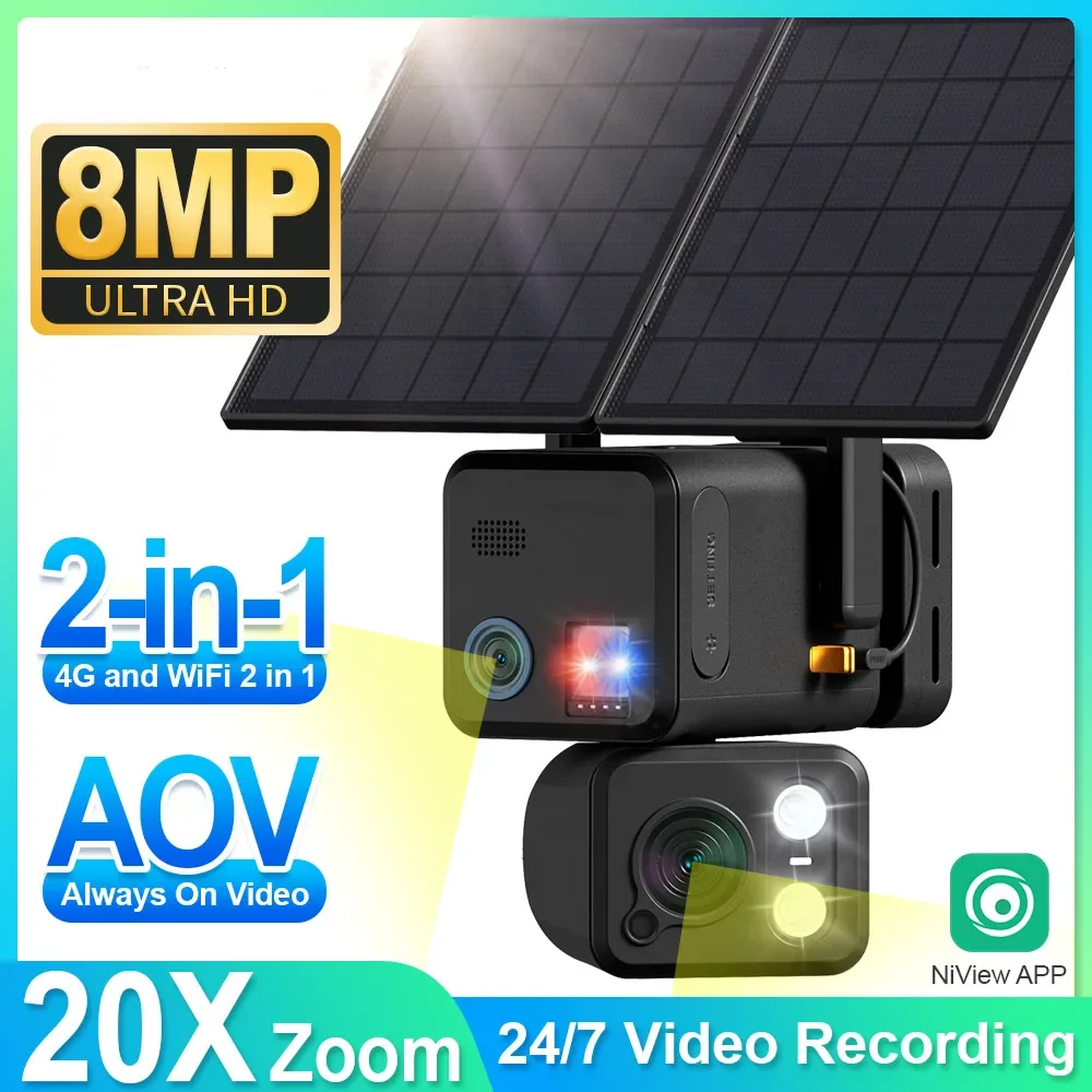 

4K 4G&wifi Solar Camera Dual-lens Dual-screen AOV 20X Zoom Powered Battery PTZ Camera Ai Humanoid Detection Cctv For villas