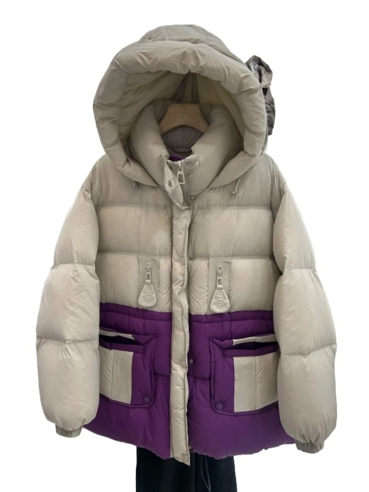 Damska kurtka puchowa średniej długości 2025 Nowa koreańska luźna parka z kapturem w kontrastowych kolorach Zimowa gruba, obszerna kurtka puchowa z 90% białego puchu kaczego