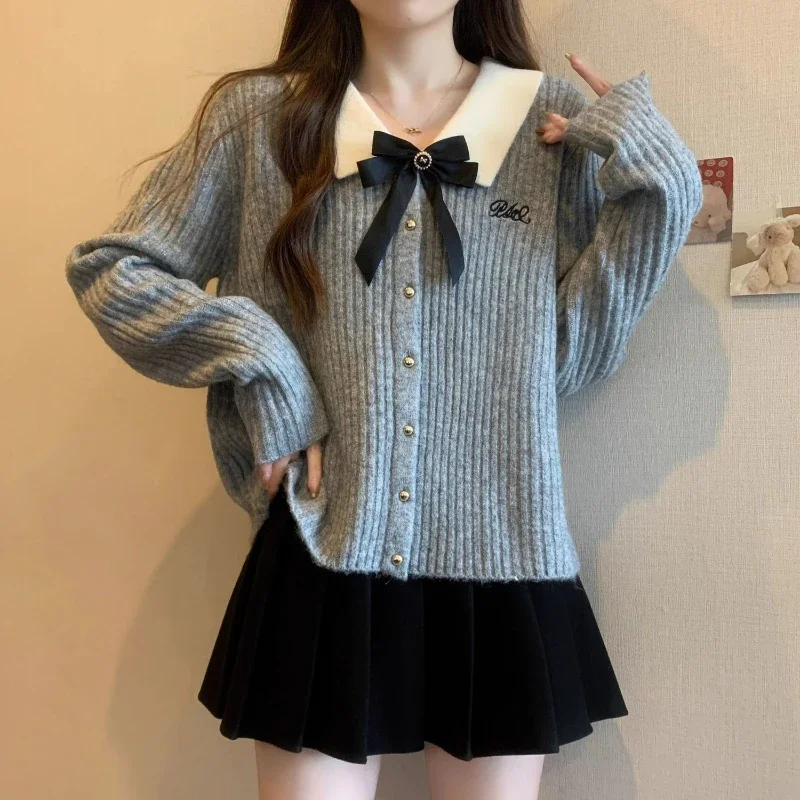 Deeptown Kawaii Sweet Cardigan Sweater Woman Grey Bow Knitted Tops Coquette Fashion Korean Style Sweater Autumn Winter Casual