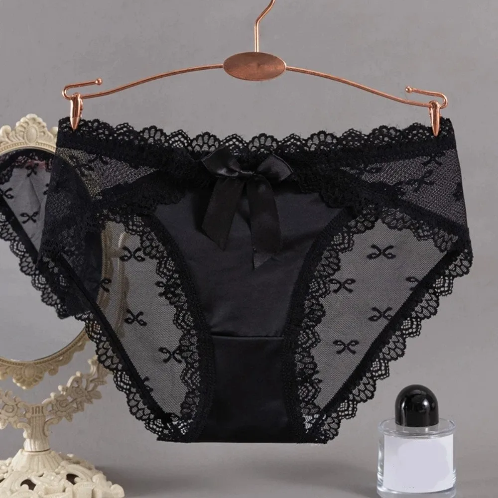 

Summer Low Waist Lace Panties Transparent Cotton Crotch Mesh Flower Briefs Bow Lingerie Lace Thin Underwear Female