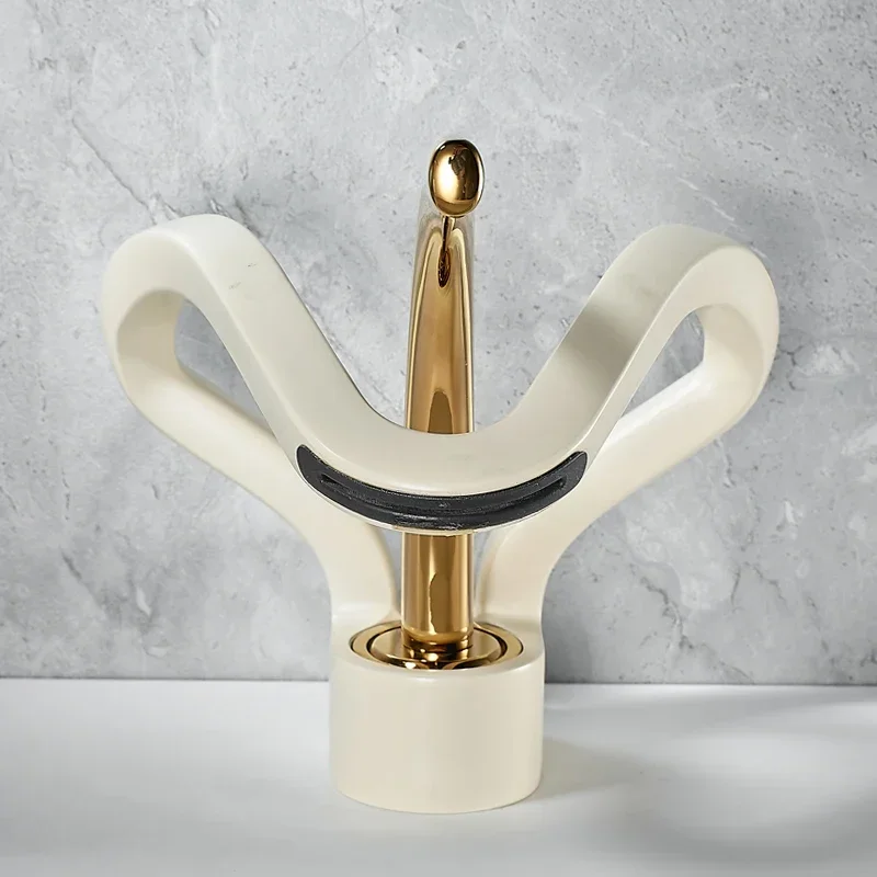 Faucet Bathroom Hollow Out Design Waterfall Basin Mixer Taps Cold and Hot Milk White Gold Basin Faucet Single Hole Torneira