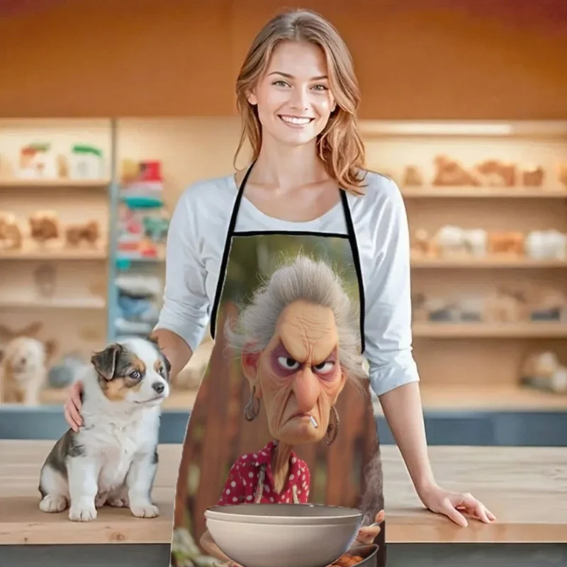 Apron with A Design of An Irate Elderly Woman Cooking While Smoking, Made From Durable Polyester. This Stylish Digital Print