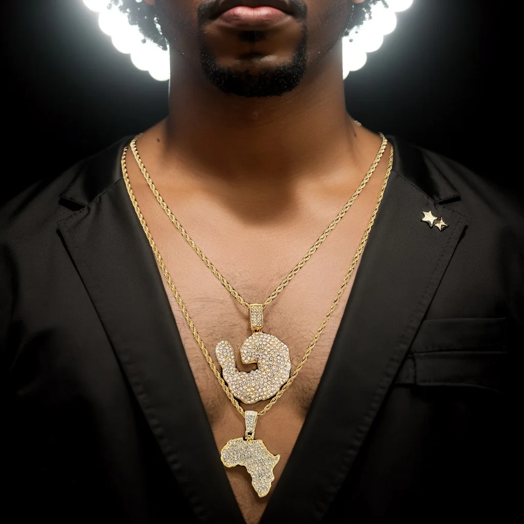 

World Map Design Mysterious African Pendant, Alloy Hip Hop Jewelry, Shining Rhinestone Chain