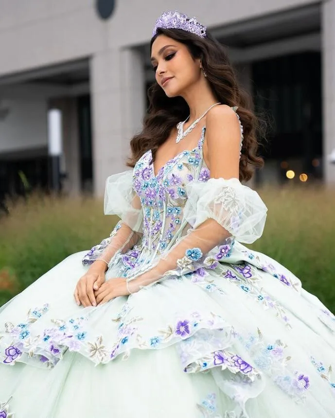 Pastel Paradise Pprincess Quinceanera Dresses with Remove Long Sleeve 3D Floral Embroidery vestidos debutantes 15 anos