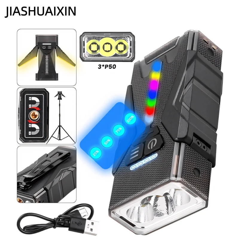 

JIASHUAIXIN RGB, меняющий цвет, многофункциональный, с магнитом, сильный свет, фонарик, многосветовой зажим для ручки, атмосферный свет