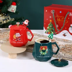 Christmas Mugs Ceramic Cup Water Tea Juice Coffee Milk Cup Santa Claus Elk Mug with Lid and Spoon Cup Creative Xmas Gifts Decor