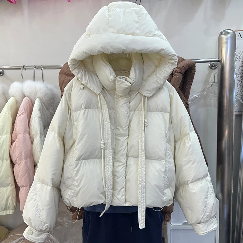 Schinteon Damen-Daunenjacke mit weißer Ente und Kapuze, lässig, über Größe, Herbst und Winter, warm, locker, koreanischer Stil, Oberbekleidung, 2023, Neu