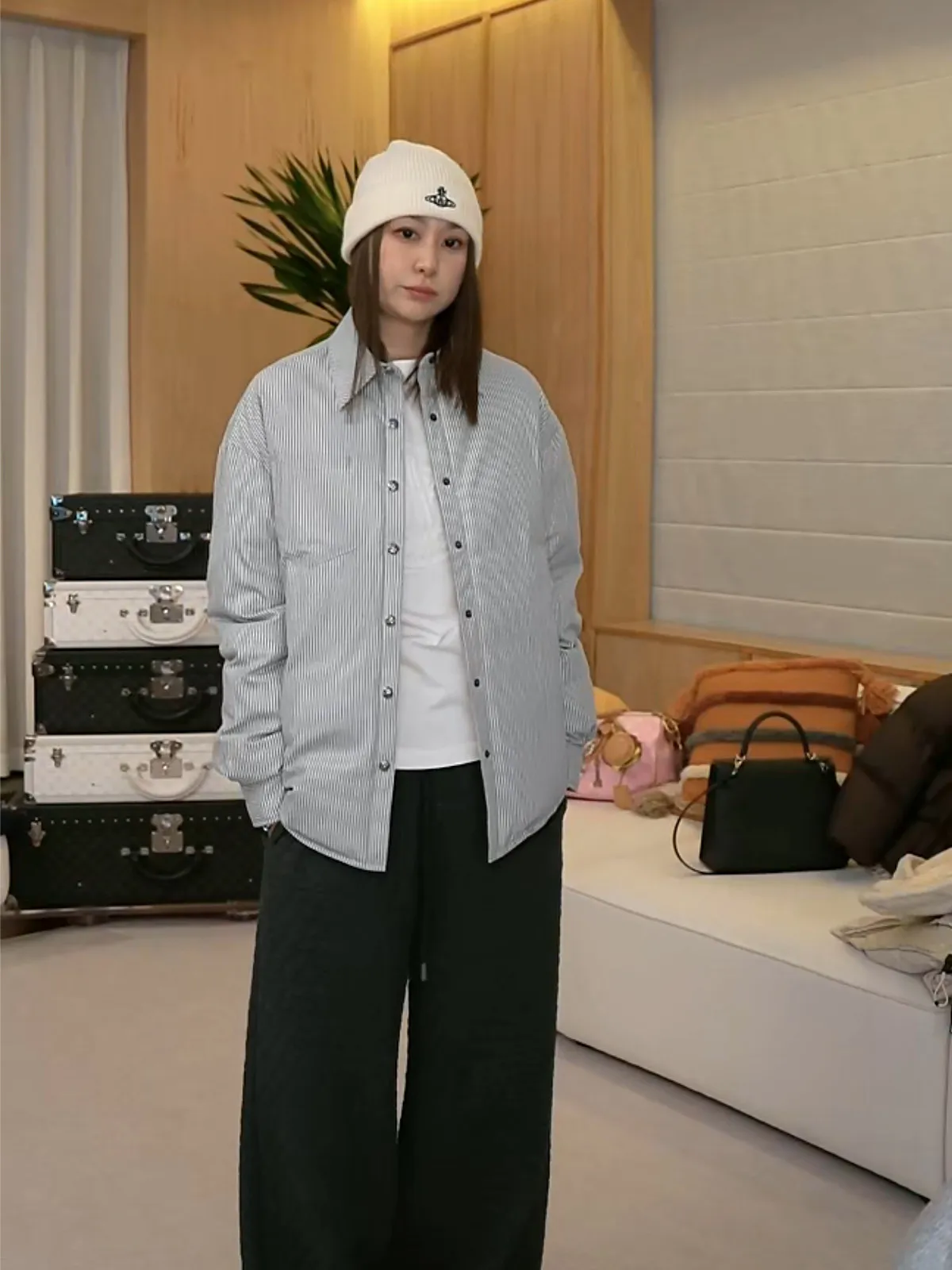 

Casual Striped down irt Women's Winter Coat 90 White Du Feather Filled Loose Fit Long Sve Thermal Polyester Fabric