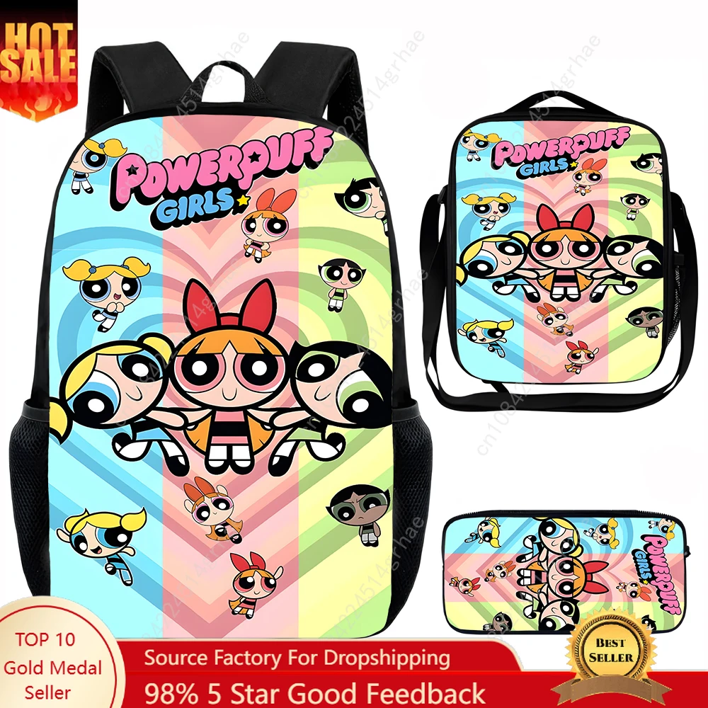 Cute Anime P-Powerpuffs Child School Backpack with Lunch Bags ,Pencil Bags ,School Bags for Boys Girls Best Gift