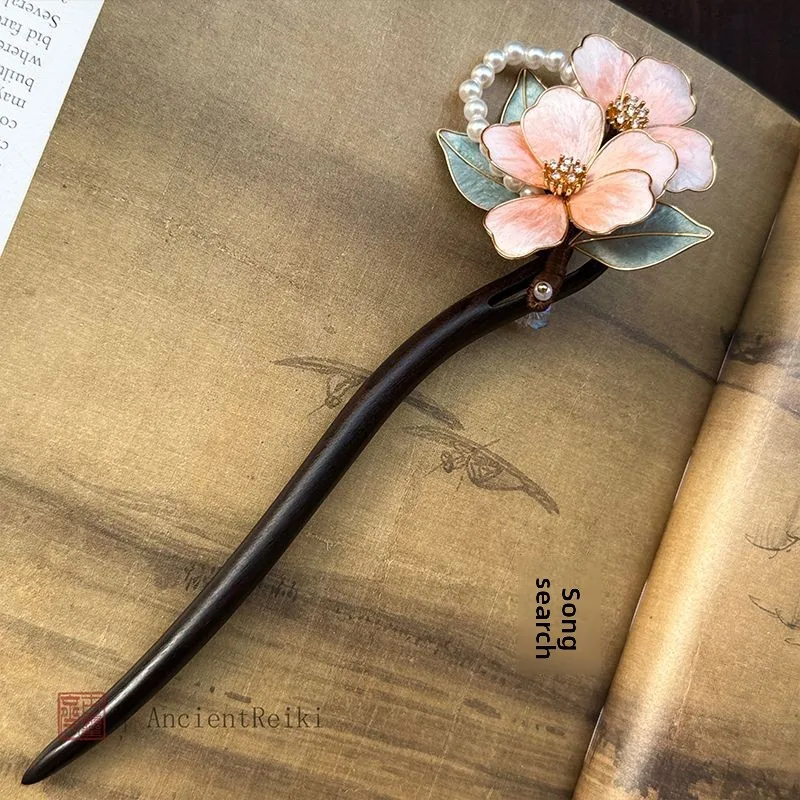 Chinese Style Lucky Handmade Hibiscus Velvet Flower Ebony Hair Stick Faux Pearl Decor Traditional Cultural Hair Accessory For