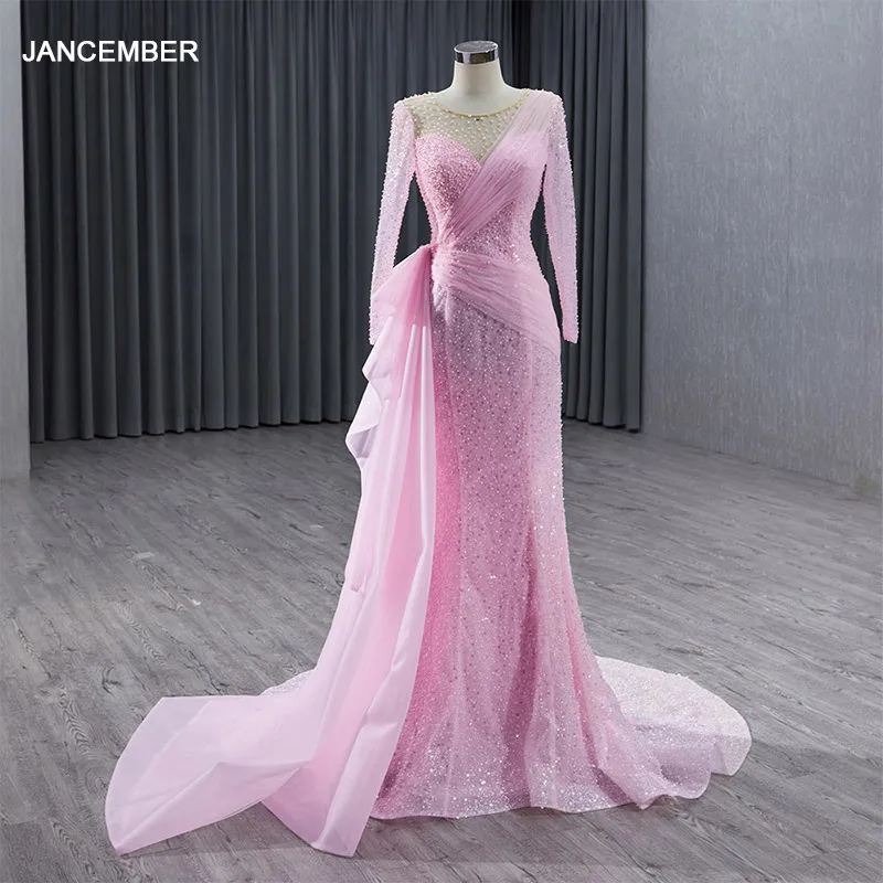 Jancember Stylish Surprise Price Evening Dress 2024 Organza A-line O-Neck Full Sleeves Lace Up فياتين سهرة فاخره RSM222213