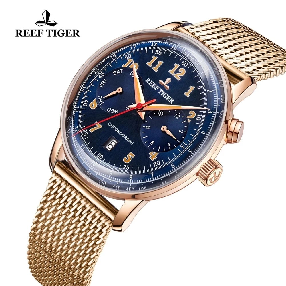 Reef Tiger/RT Top Brand Men Automatic Mechanical Watches Rose Gold Multi Function Date Calendar Waterproof Watch Bracelet Watch